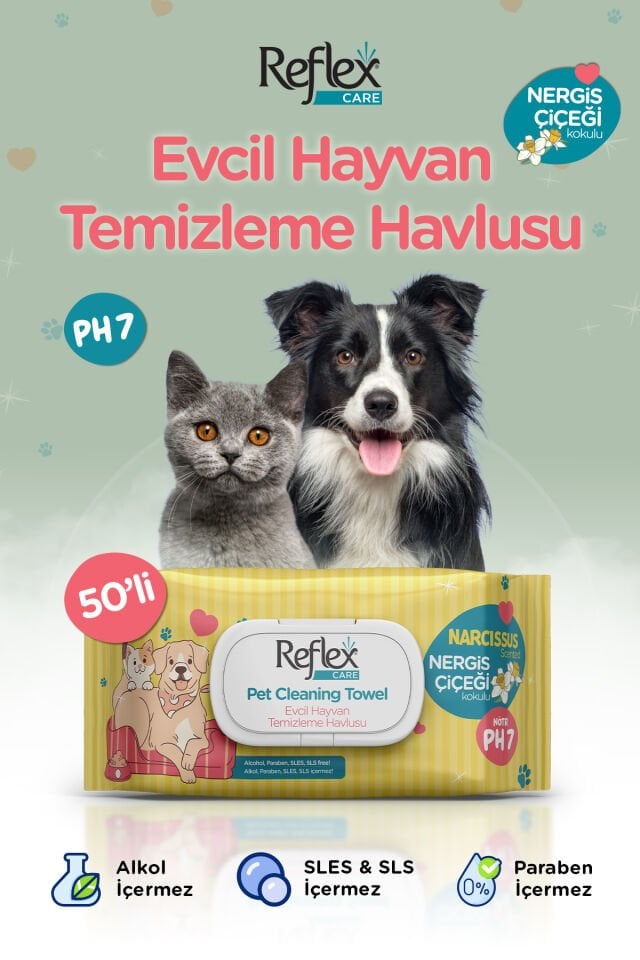 Care Nergis Kokulu Kedi ve Köpekler için Temizleme Mendili 50'li
