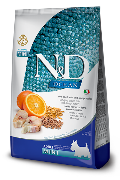 ND Ocean Düşük Tahıllı Morina Balığı Balkabağı ve Portakallı Mini Irk Yetişkin Köpek Maması 2,5kg